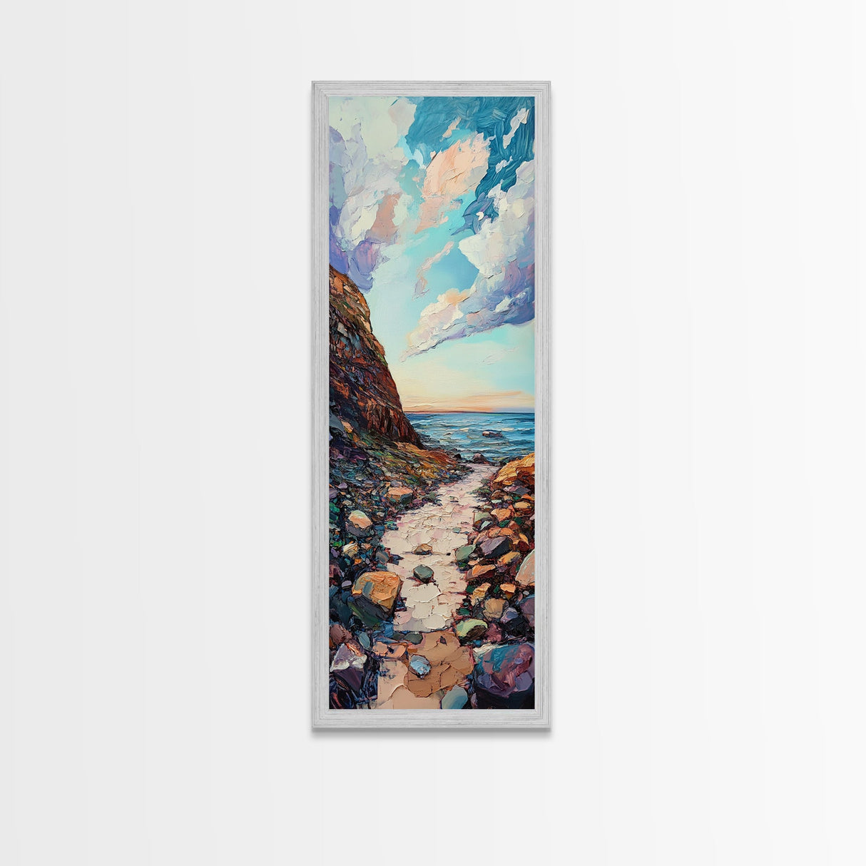 Rocky Coastline, Ocean Waves, Beach Path, Framed Canvas Print, coastal landscape art, farmhouse art, rustic décor