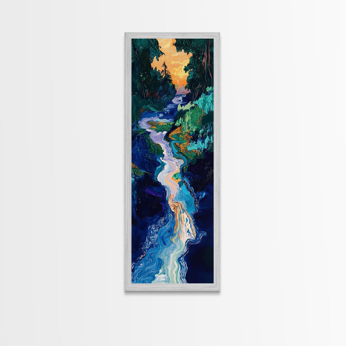 Sunset river, moody art, pine tree art, smoky mountain art, framed canvas print, vertical wall art, original painting