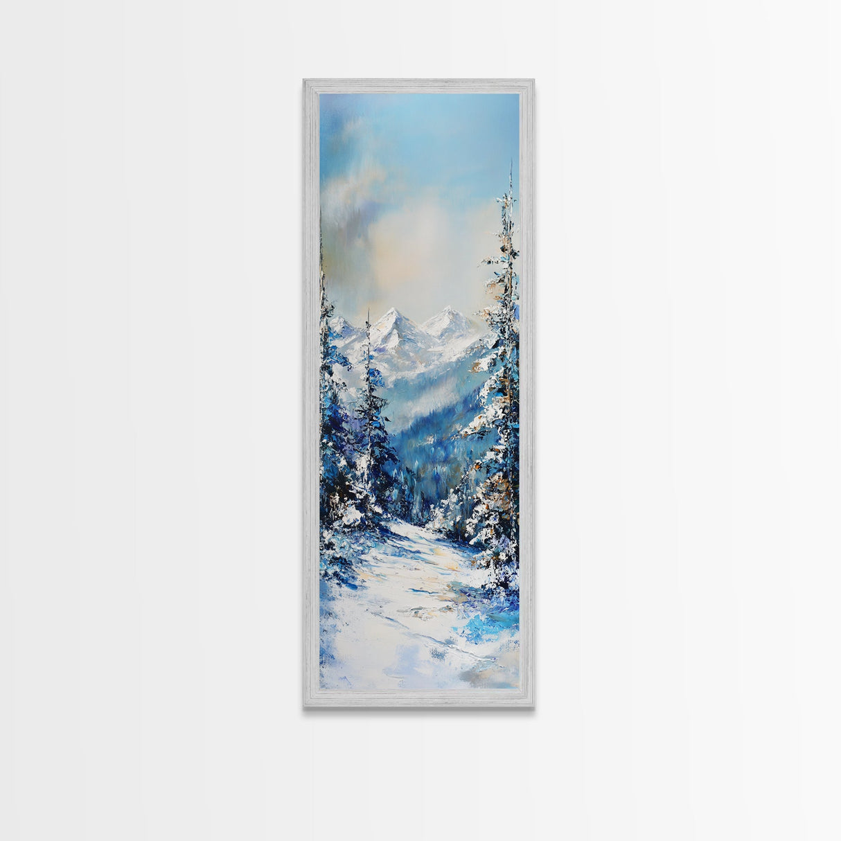 Snowy Mountain Path, winter landscape painting, mountain painting, pine tree art, rustic wall art, framed canvas print