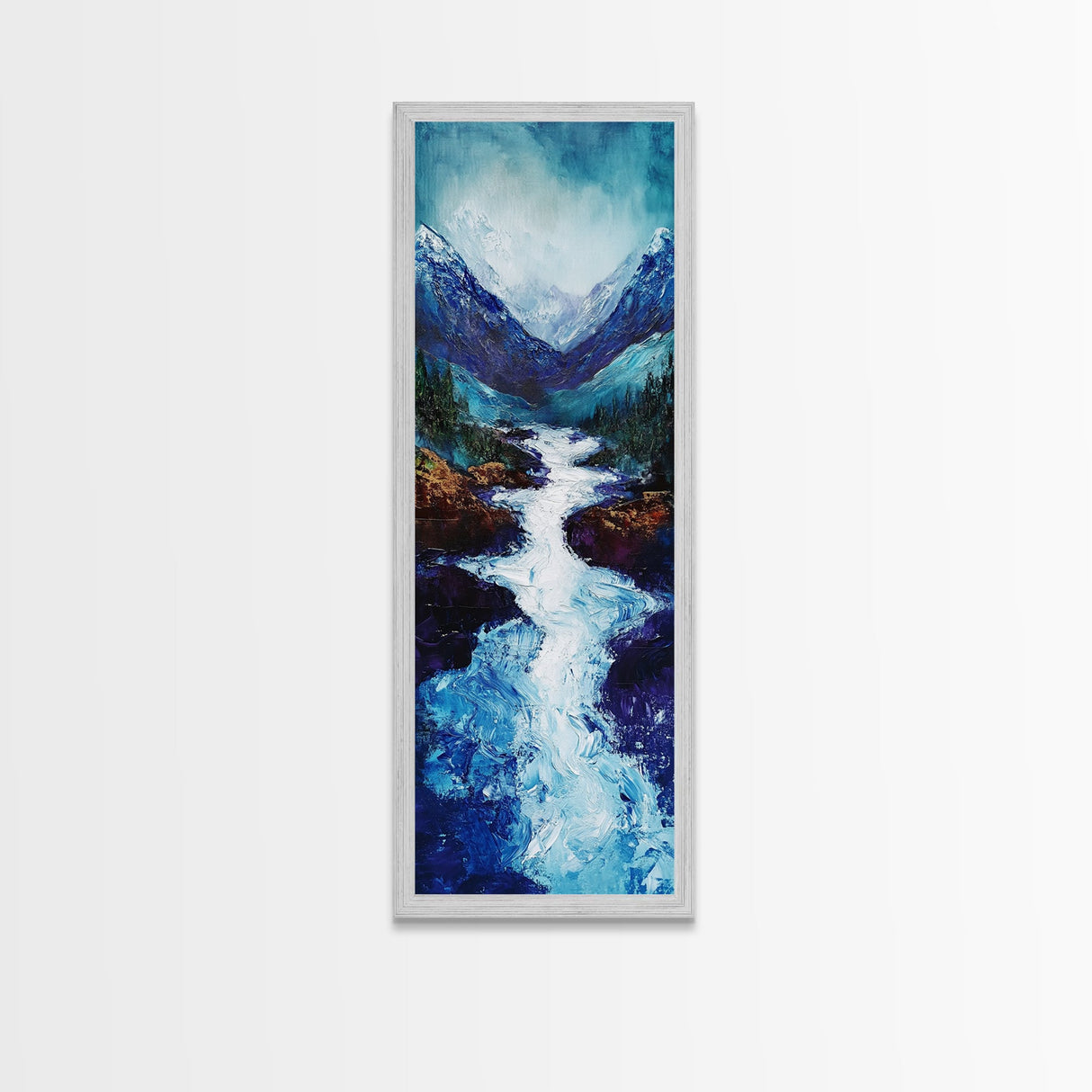 River in Mountains, moody landscape painting, smoky mountain art, rustic wall art, wabi sabi art, framed canvas print