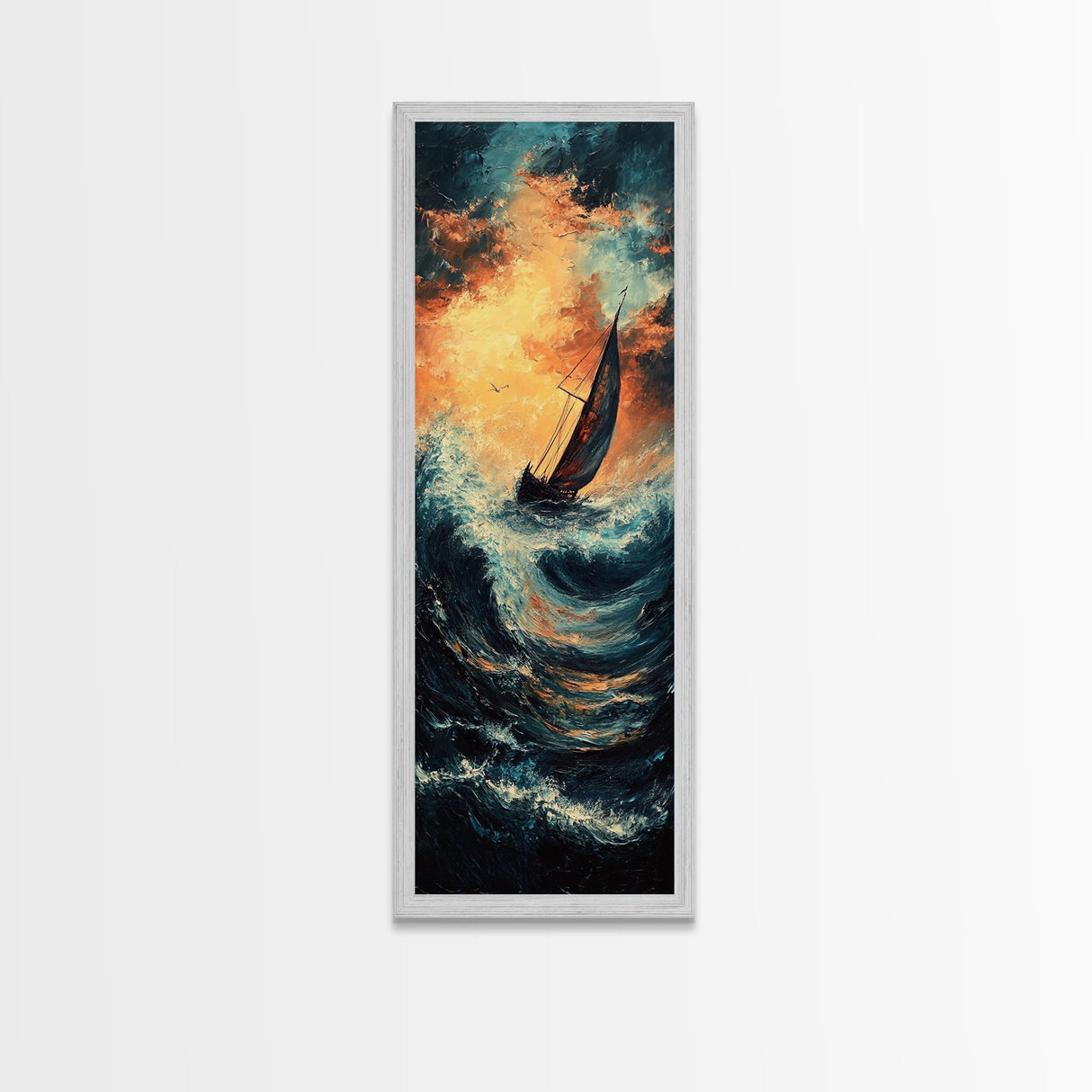 Sailboat in Storm, nautical painting, coastal decor, seascape painting, fisherman painting, framed canvas print, rustic wall art