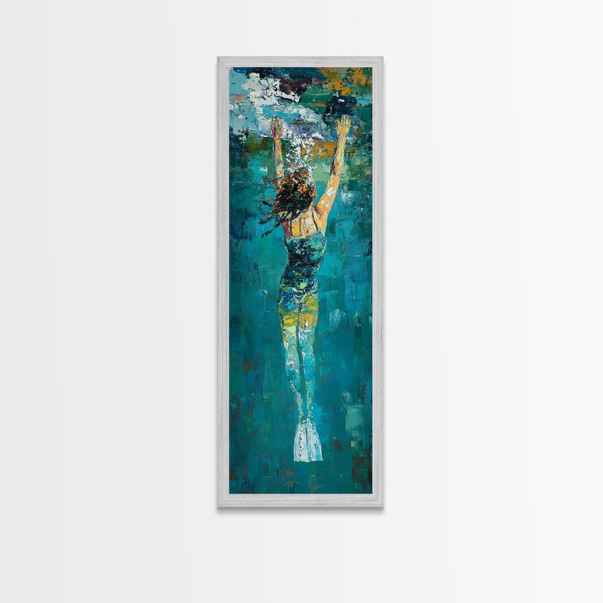 Woman Swimming, Coastal Painting, Framed Canvas Print, Surf Wall Art, Ocean Art, Blue and Green Wall Art, Abstract Art