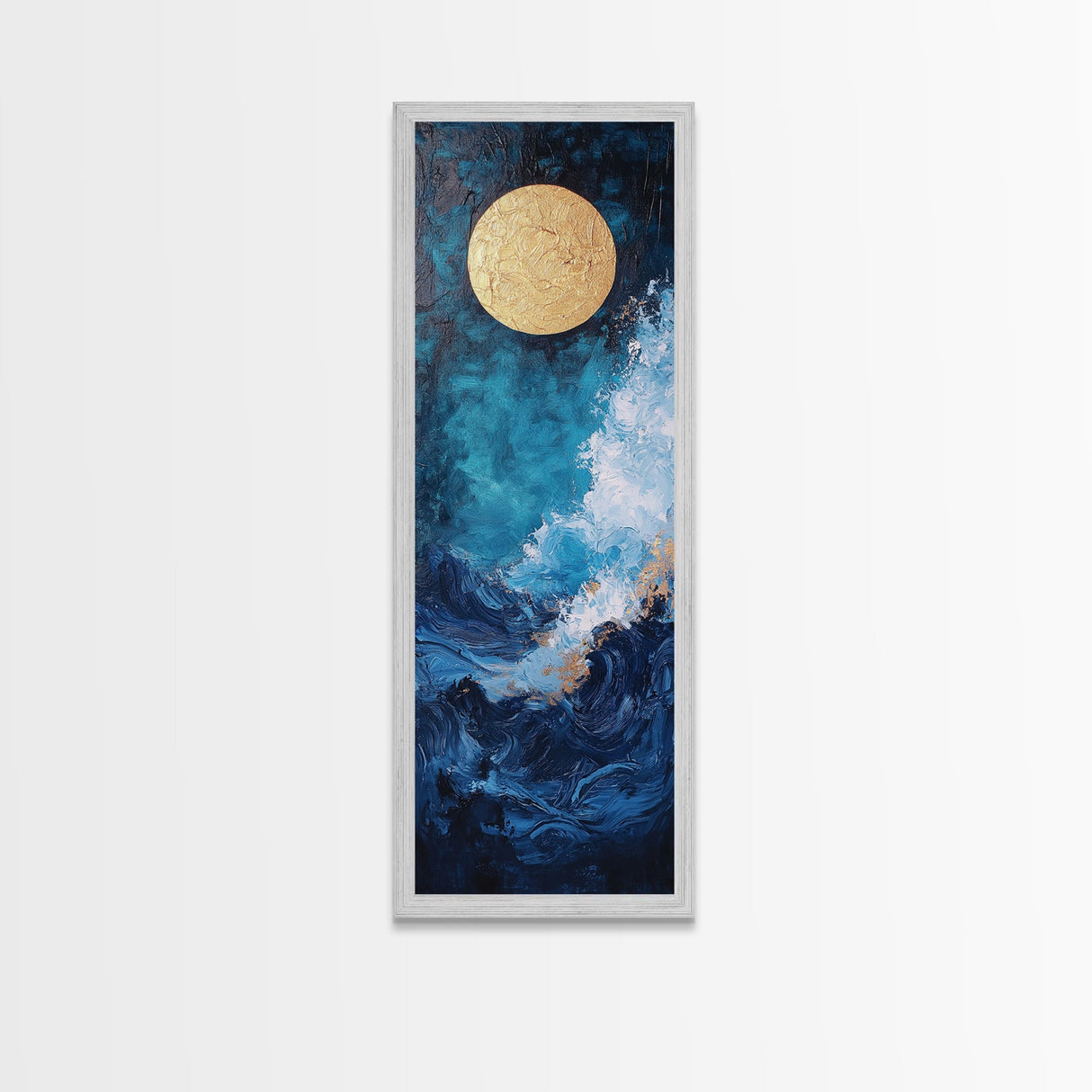 Golden Moon, crashing waves, nautical painting, moody art, coastal wall art, wabi sabi art, framed canvas print, ocean painting