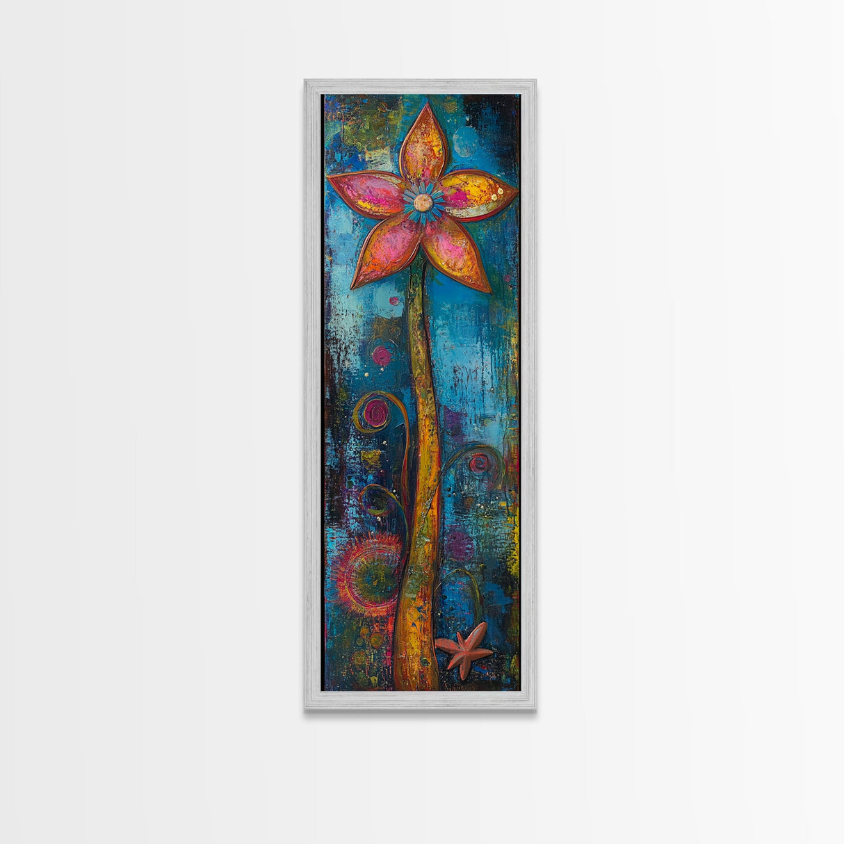 Vibrant Flower, botanical prints, pink orange wall art, boho art, whimsical art, tall narrow art, framed canvas print