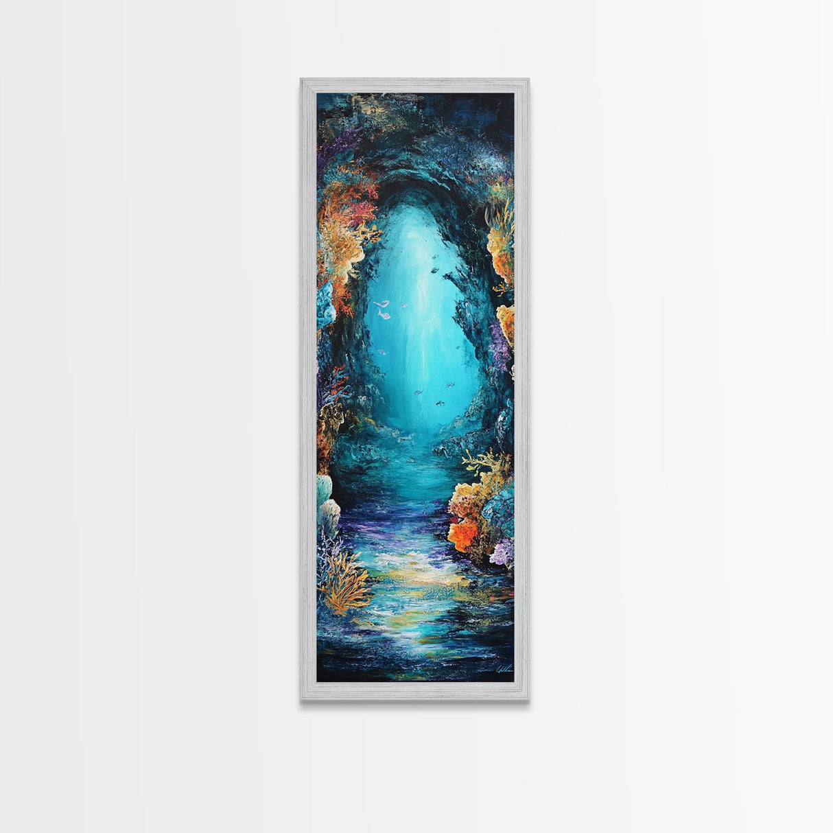 Underwater Cave, ocean painting, nautical wall art, coastal painting, seascape painting, framed canvas print, vertical wall art