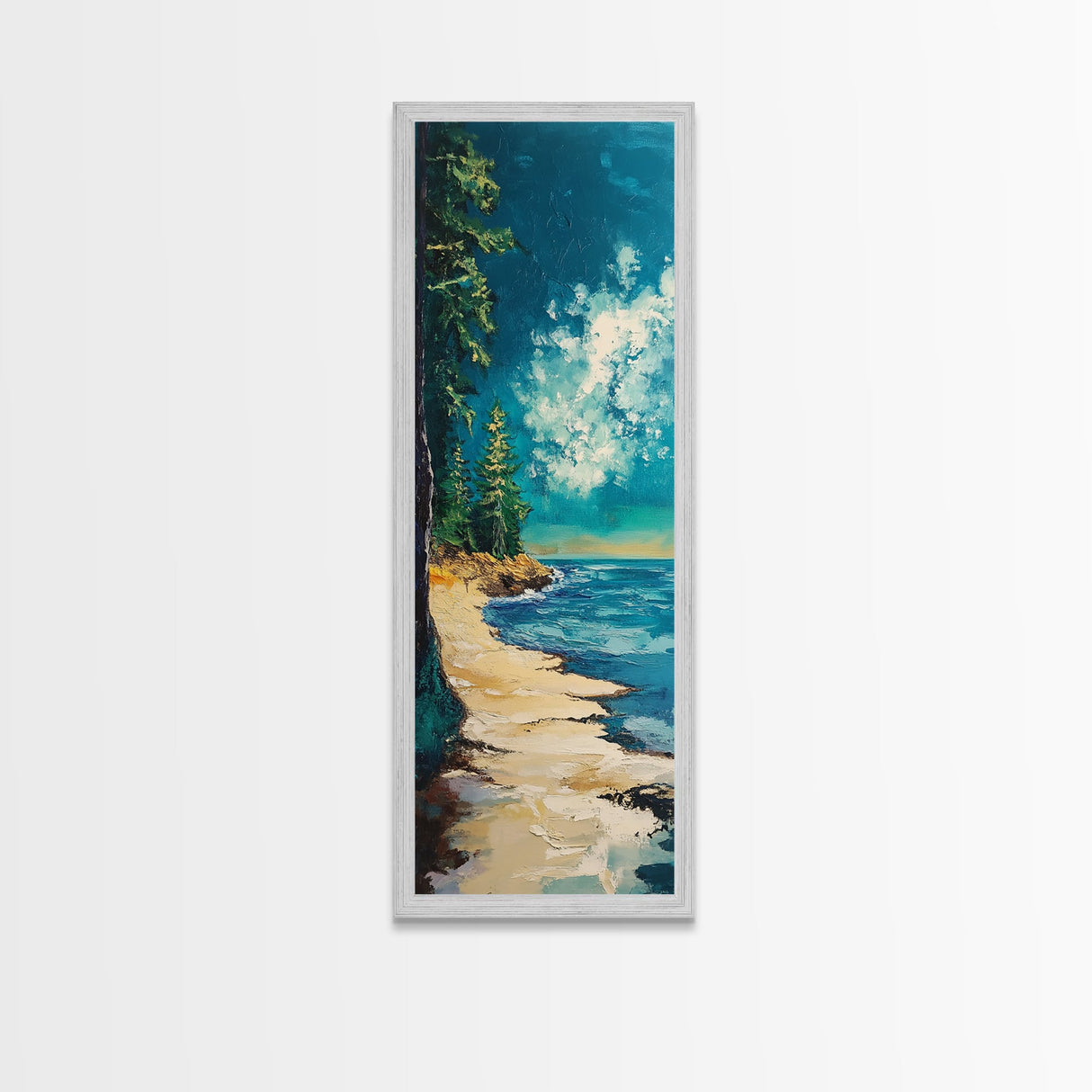 Pine Trees by the Lake, lake Tahoe art, coastal landscape art, pine tree art, nature lover gift, framed canvas print, vertical wall art