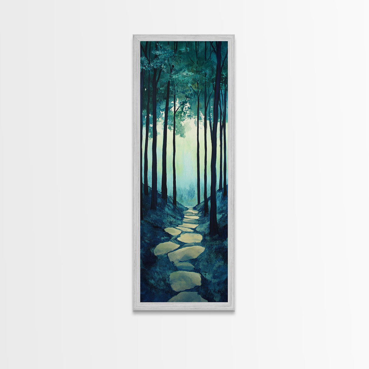 Forest Path, pine tree art, wabi sabi wall art, rustic decor, landscape painting, tall narrow art, green wall art, canvas print