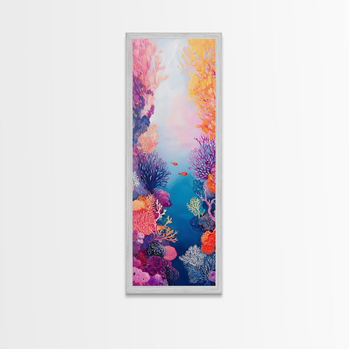 Vibrant Coral, koi fish painting, whimsical art, pink orange wall art, ocean painting, seascape painting, beach house art, canvas print