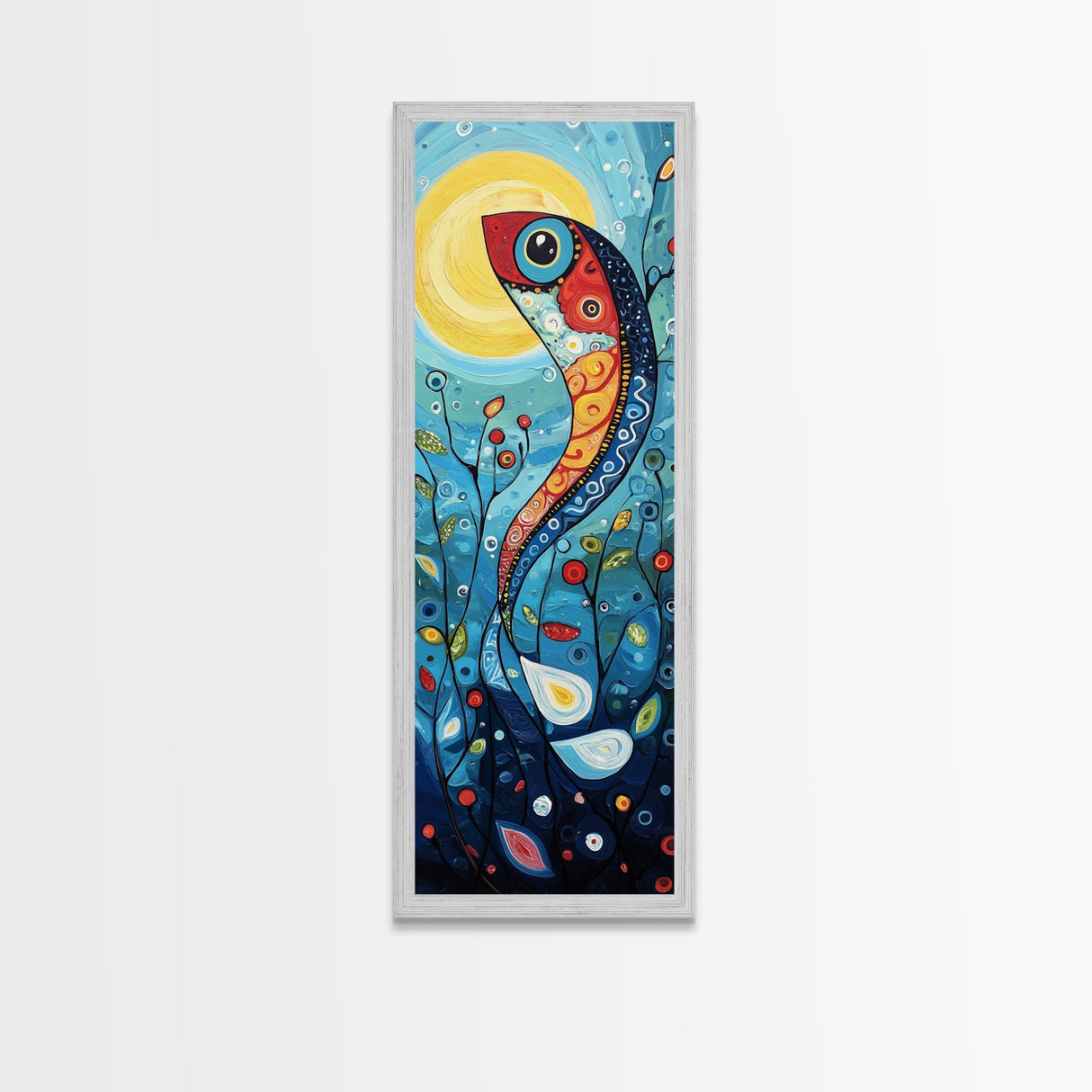 Koi Fish Fantasy, koi fish painting, whimsical art, framed canvas print, vibrant wall art, long narrow wall art, tall skinny art