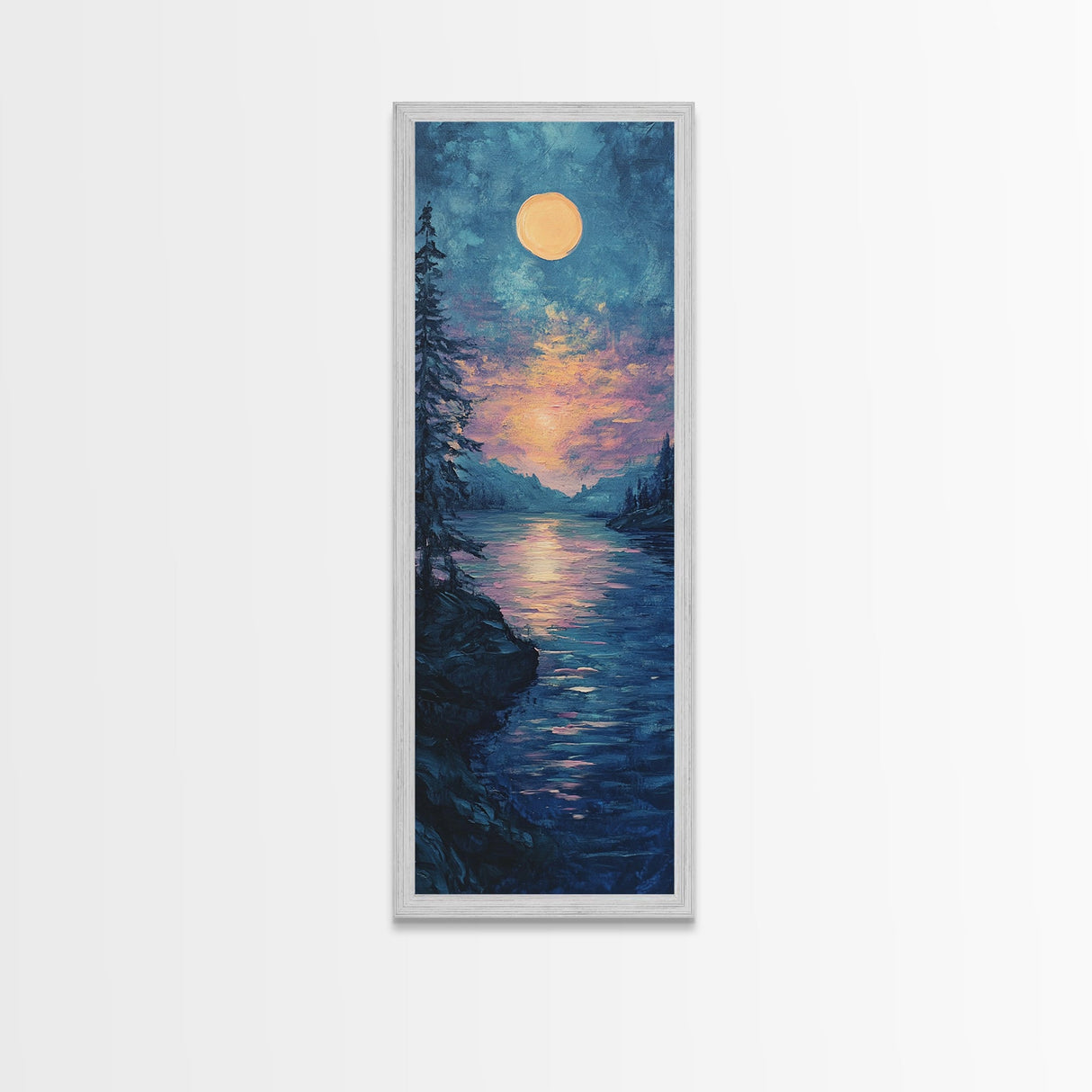 Moonlit Lake, moon oil painting, framed canvas print, landscape painting, lake Tahoe art, moody art, tall narrow art, rustic wall art