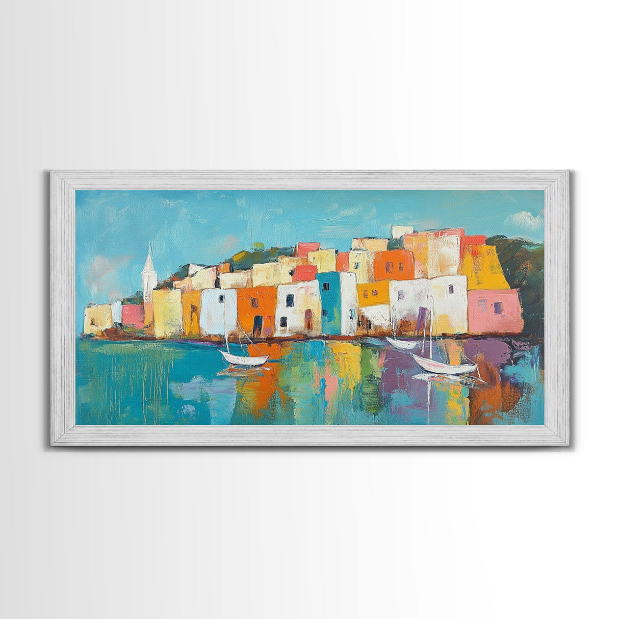 Mediterranean Village, coastal painting, Italy art, colorful homes, seascape painting, extra wide art, Canvas Print, panoramic art