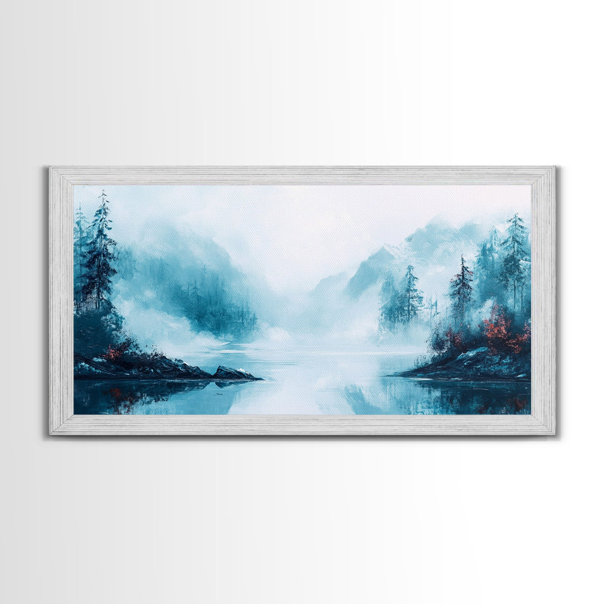 Misty Mountains, pine tree art, wabi sabi wall art, smoky mountain art, panoramic painting, nature painting, Framed Canvas Print