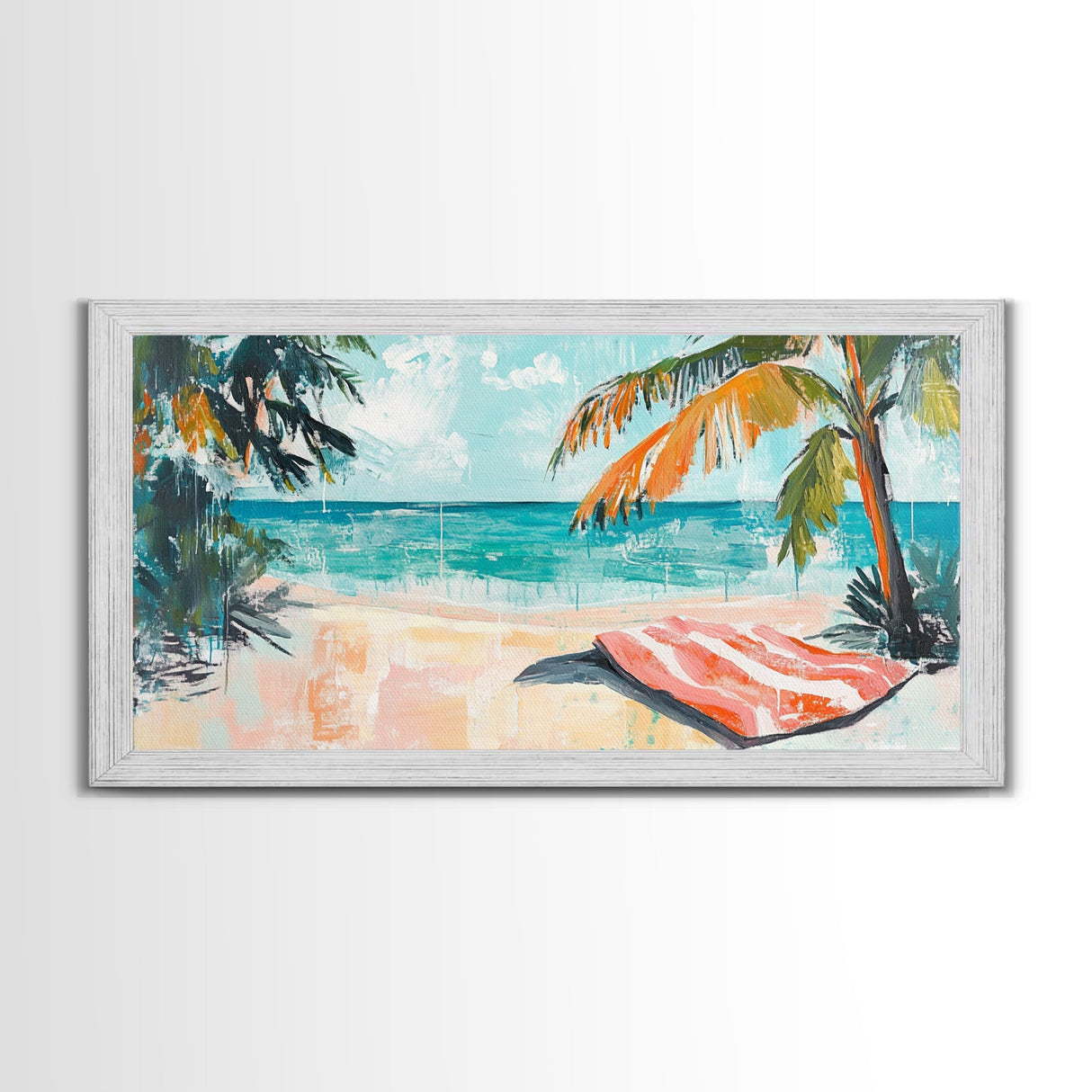 Palm Tree, Coastal Landscape Art, Tropical Beach Art, Nautical Decor, Ocean Painting, Framed Canvas Print, Extra Wide Art, Boho Art