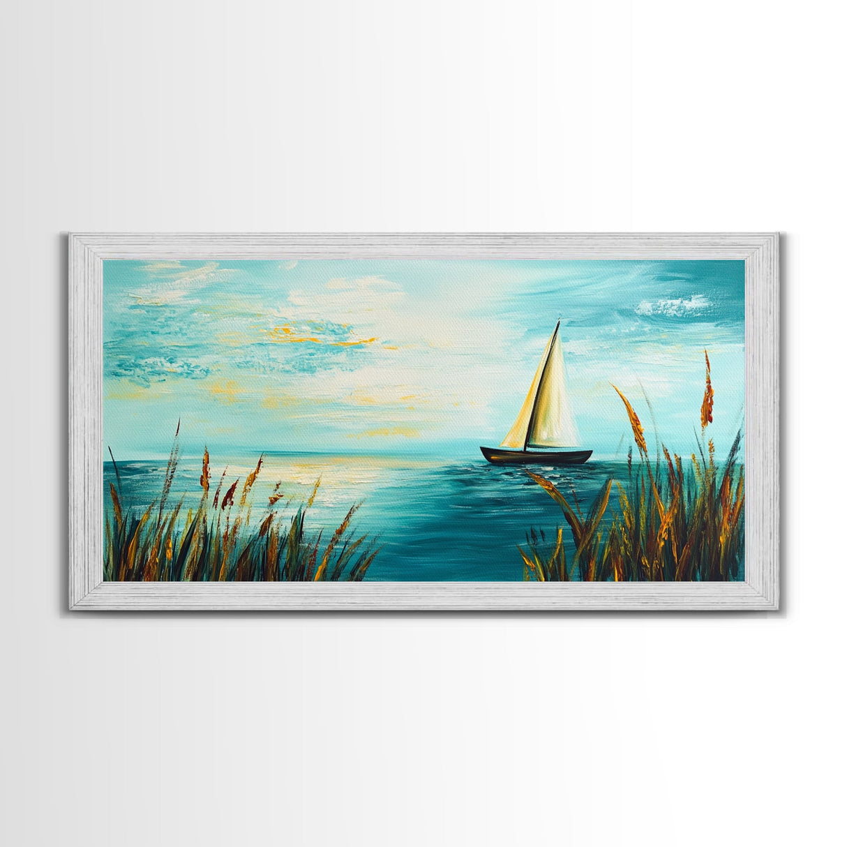 Serene Sailboat, Canvas Print, sailboat painting, coastal painting, nautical wall art, blue and green wall art, extra wide art