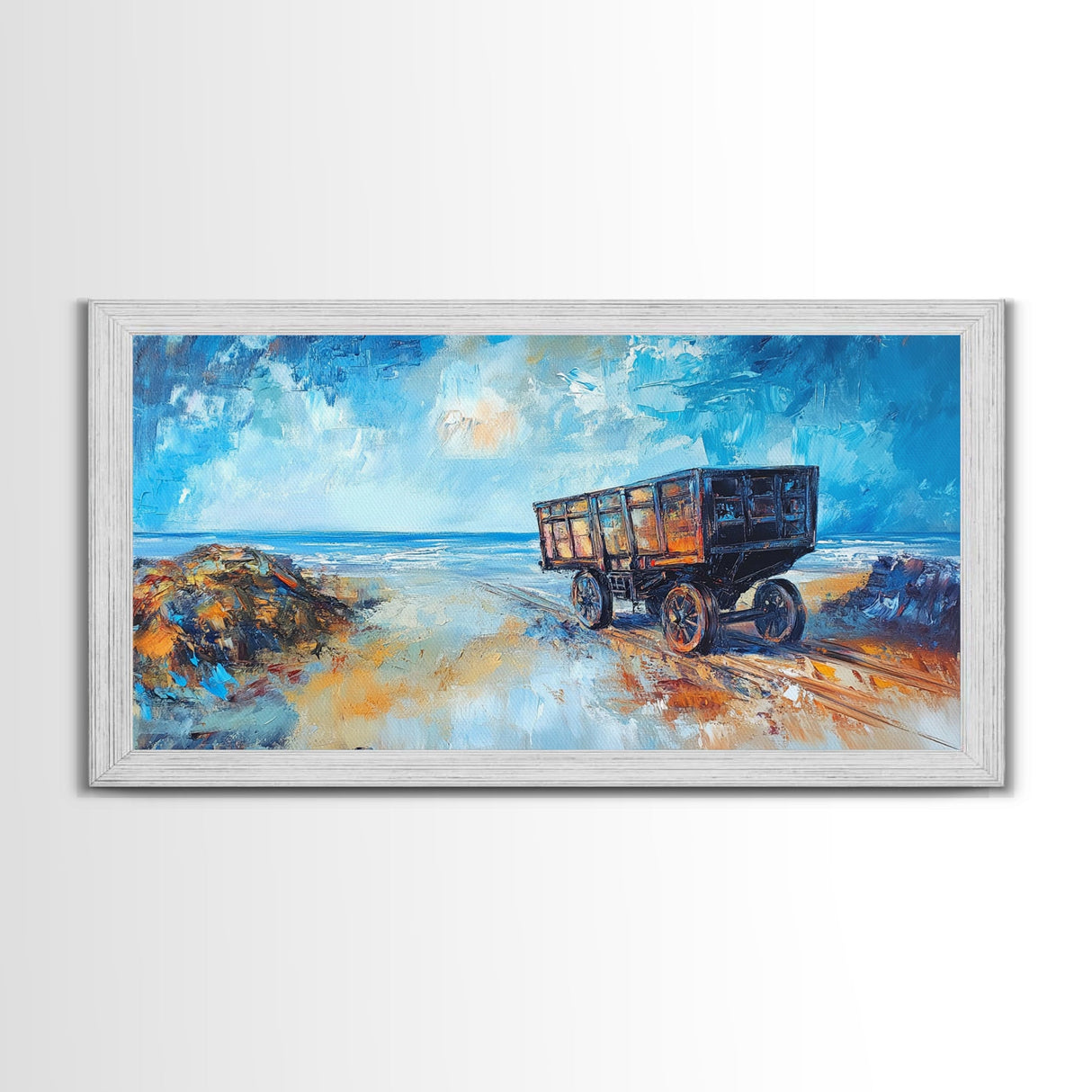 Rustic Wagon, coastal landscape art, framed canvas print, vintage horse art, farmhouse art, extra wide art, panoramic painting