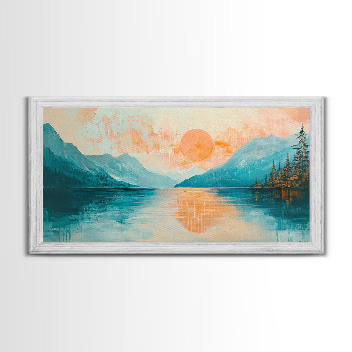 Sunset Lake, lake Tahoe art, framed canvas print, pink orange wall art, horizontal wall art, seascape painting, coastal decor