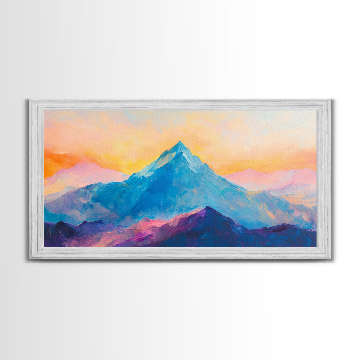 Blue Mountain, Sunset Landscape, Panoramic Art, Canvas Print, Mountain Painting, Pink Orange Wall Art, Extra Wide Art, Living Room Art