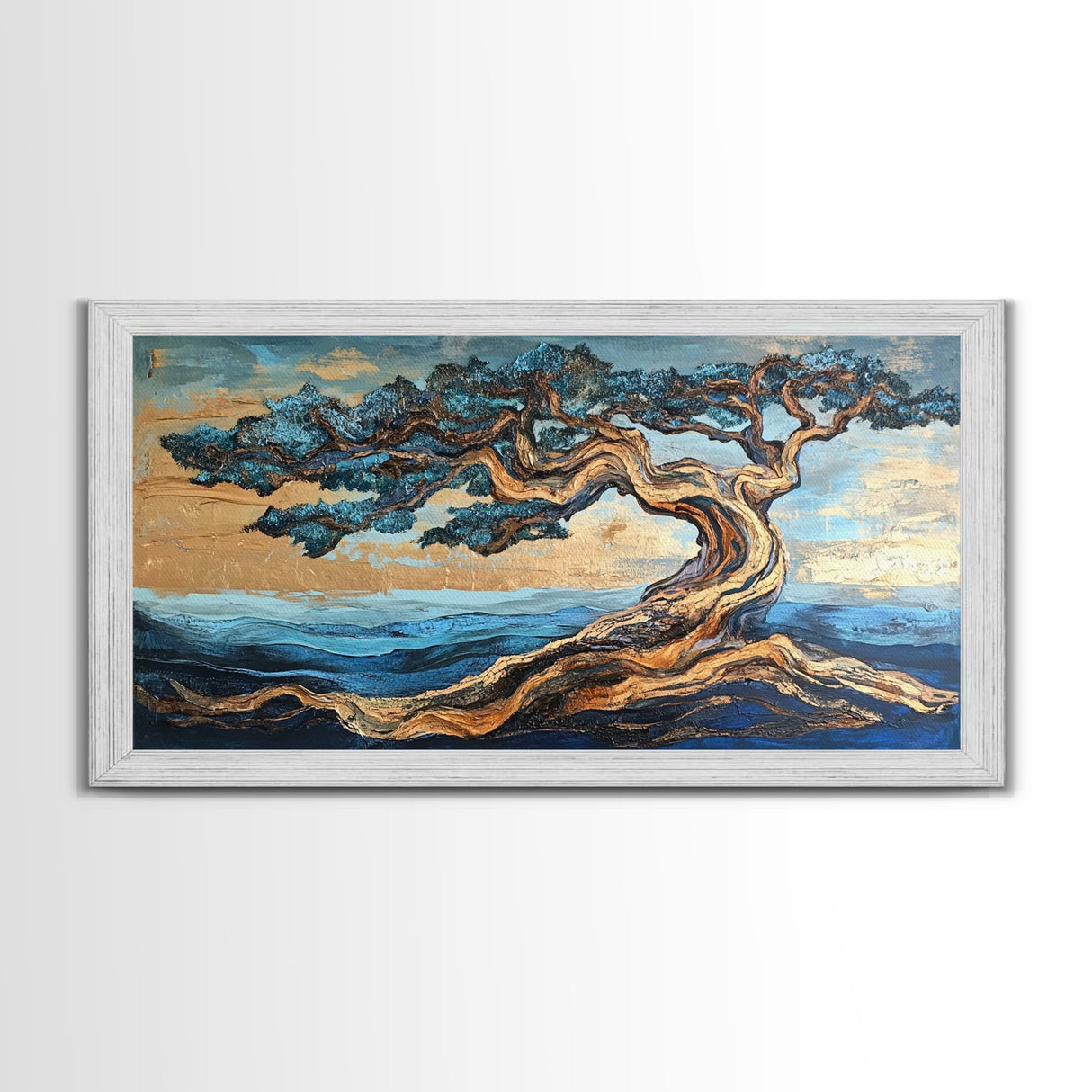 Twisted Tree, Oak Tree Art, Canvas Print, Coastal Landscape Art, Nature Painting, Rustic Wall Art, Blue And Green Wall Art