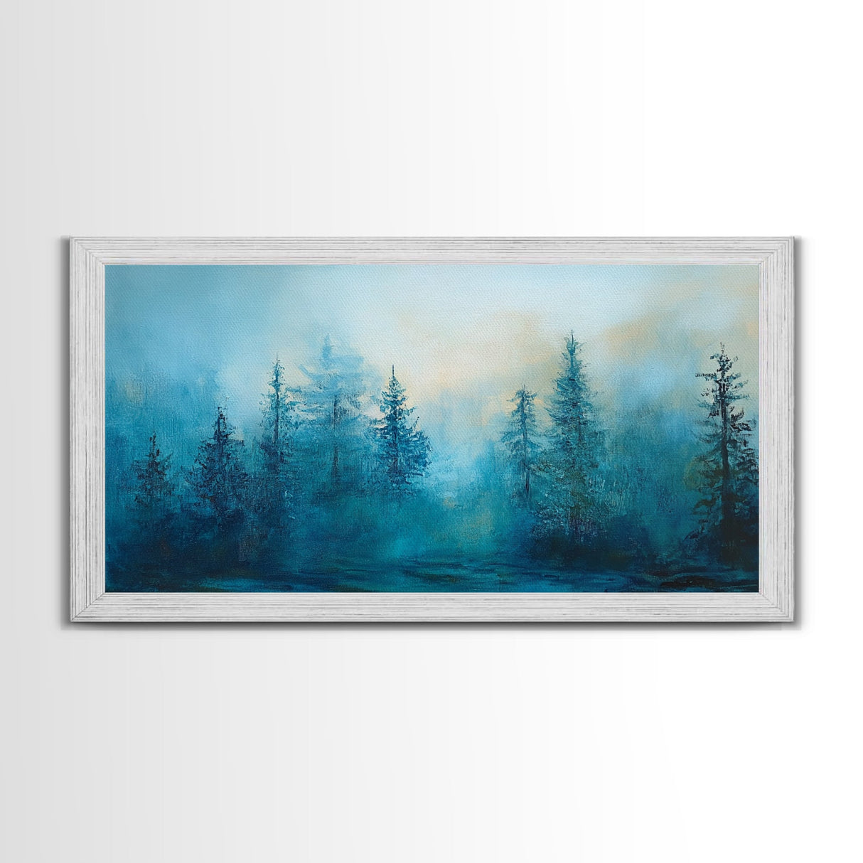Pine tree art, smoky mountain art, framed canvas print, misty forest painting, rustic wall art, extra wide art, moody landscape