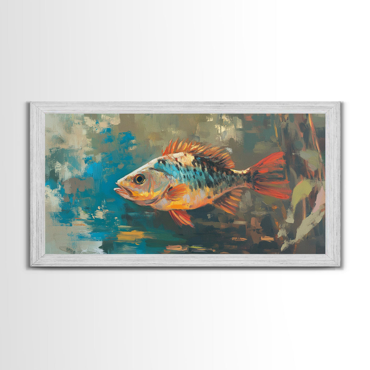 Trout, fish, colorful painting, fisherman painting, rustic wall art, trout art, framed canvas print, extra wide art, gift idea