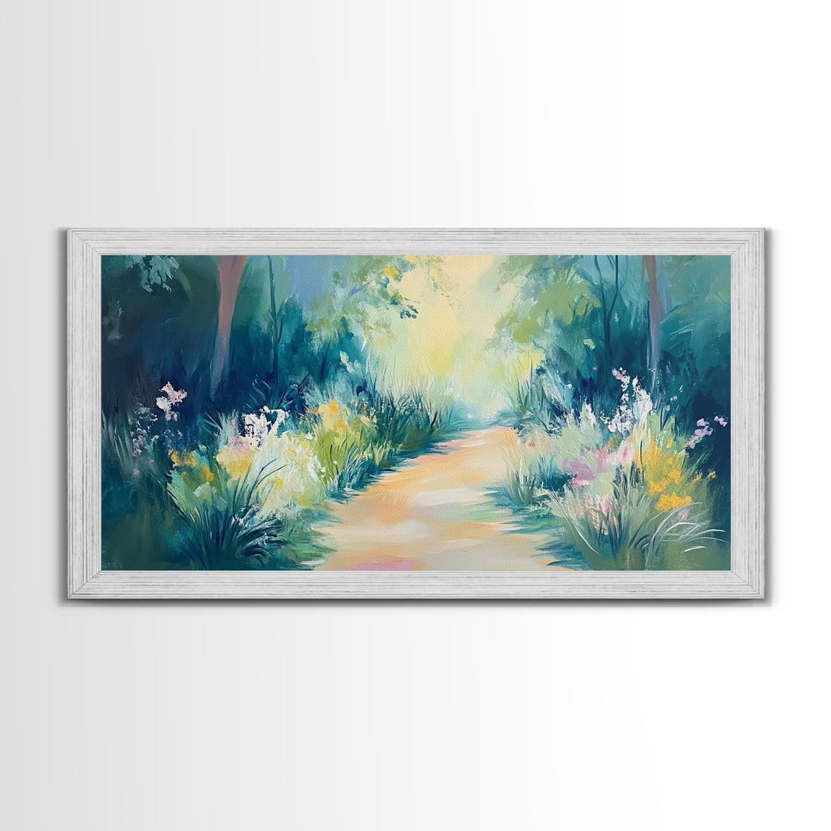 Serene Woodland Trail, wildflower painting, botanical prints, landscape painting, rustic decor, extra wide art, Framed Canvas Print