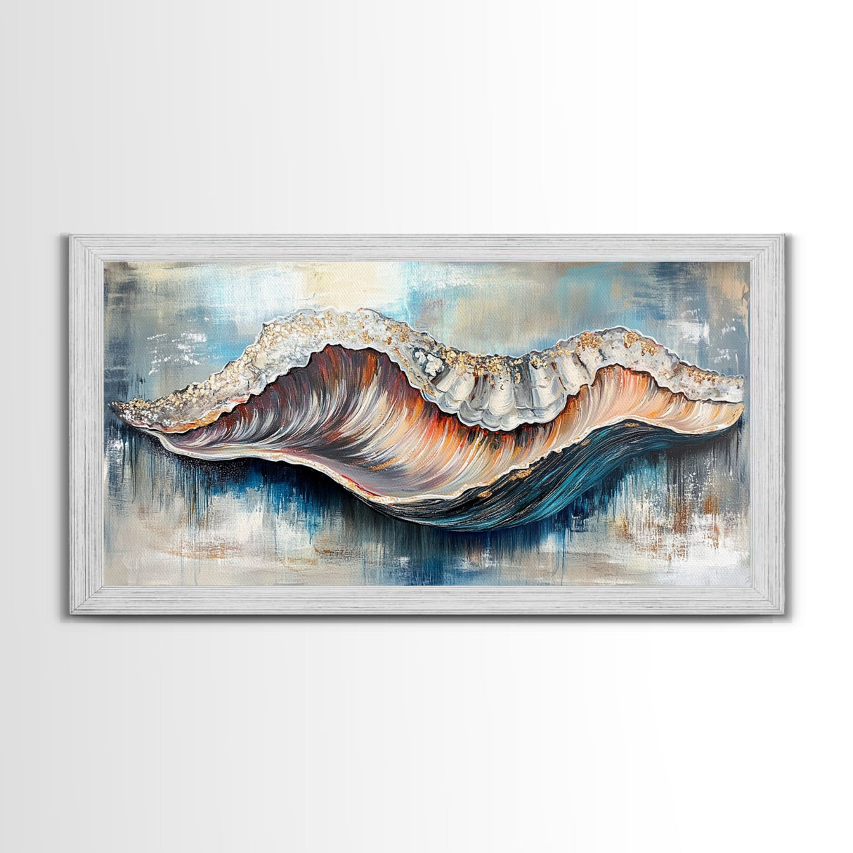 Oyster Shell, coastal painting, framed canvas print, nautical decor, oyster wall art, blue and green wall art, extra wide art