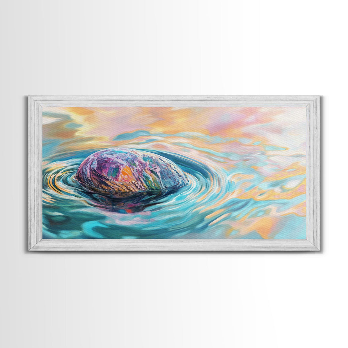 Floating Rock Art, surreal ocean painting, teal wall art, light pink wall art, moody art, nautical wall art, framed canvas print