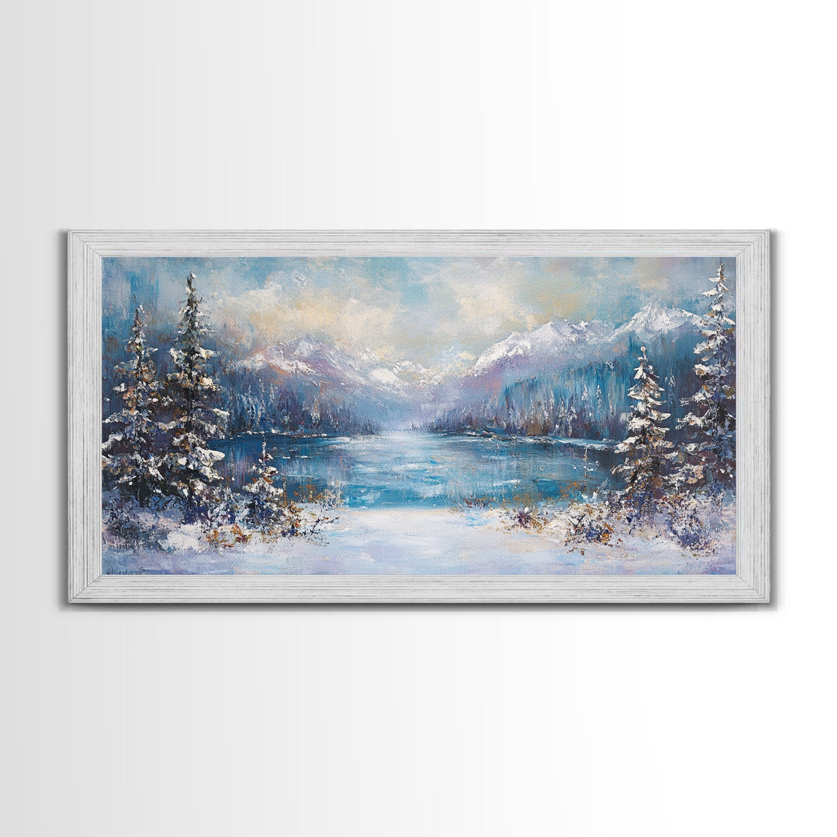 Lake Tahoe Art, Snowy Landscape, Winter Cabin Decor, Framed Canvas Print, Blue and Green Wall Art, Horizontal Wall Art