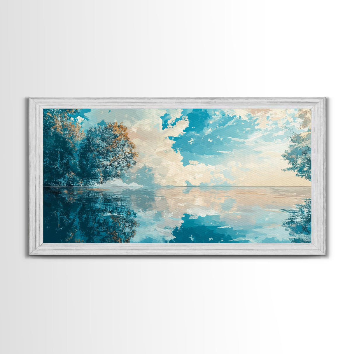 Reflective Lake Art, Tranquil Landscape, Wabi Sabi Art, Framed Canvas Print, Minimalist, Above Bed Wall Art, Panoramic Painting