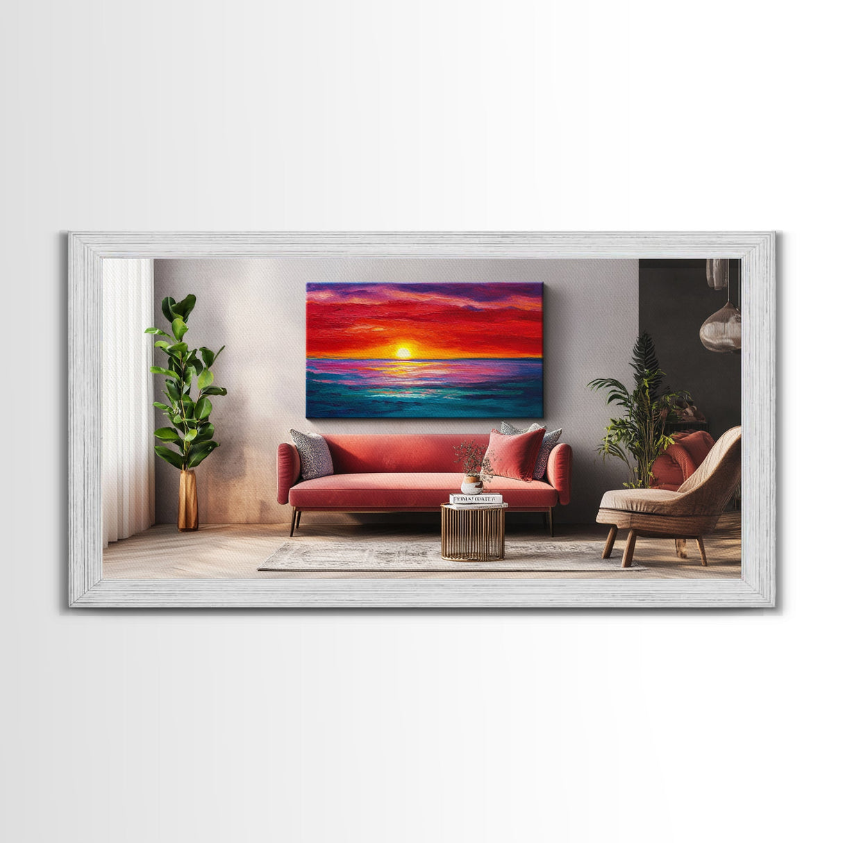 Red Couch, Sunset Painting, Above Sofa Art, Coastal Wall Art, Beach Decor, Panoramic Art, Framed Canvas Print, Living Room Art