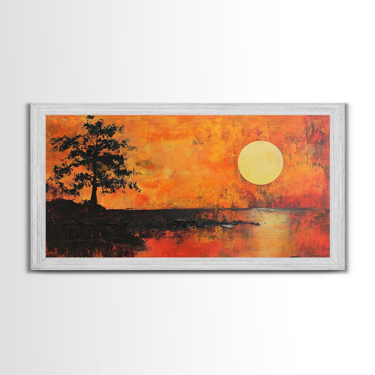 Sunset Tree, orange wall art, oak tree art, moody art, panoramic art, extra wide art, rustic wall art, Framed Canvas Print