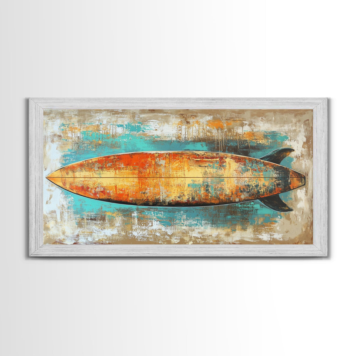 Rustic Surfboard, coastal decor, surf wall art, nautical painting, extra wide art, boho art, beach house decor, Canvas Print