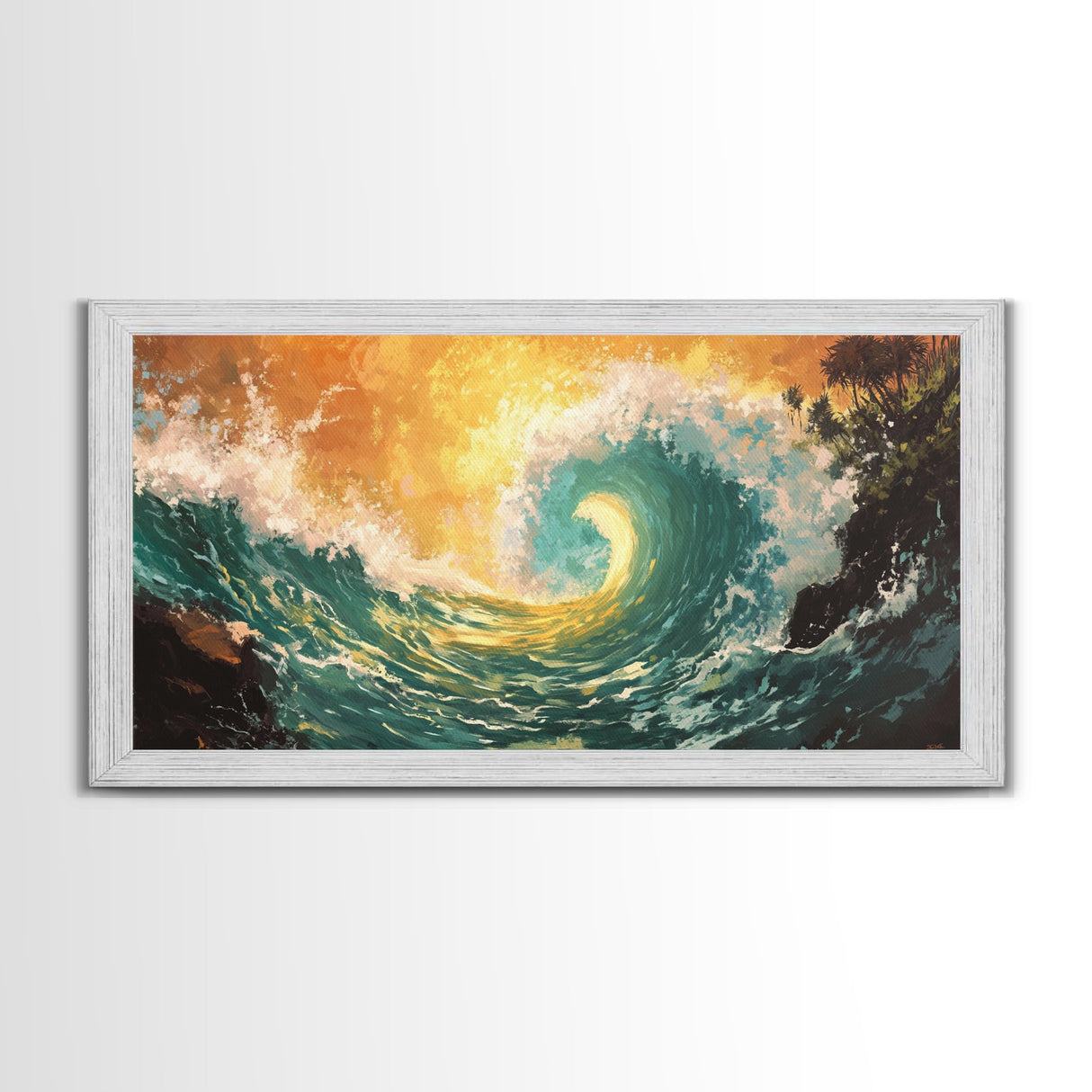 Golden Wave, surf wall art, seascape painting, coastal decor, nautical wall art, beach house decor, panoramic art, Canvas Print