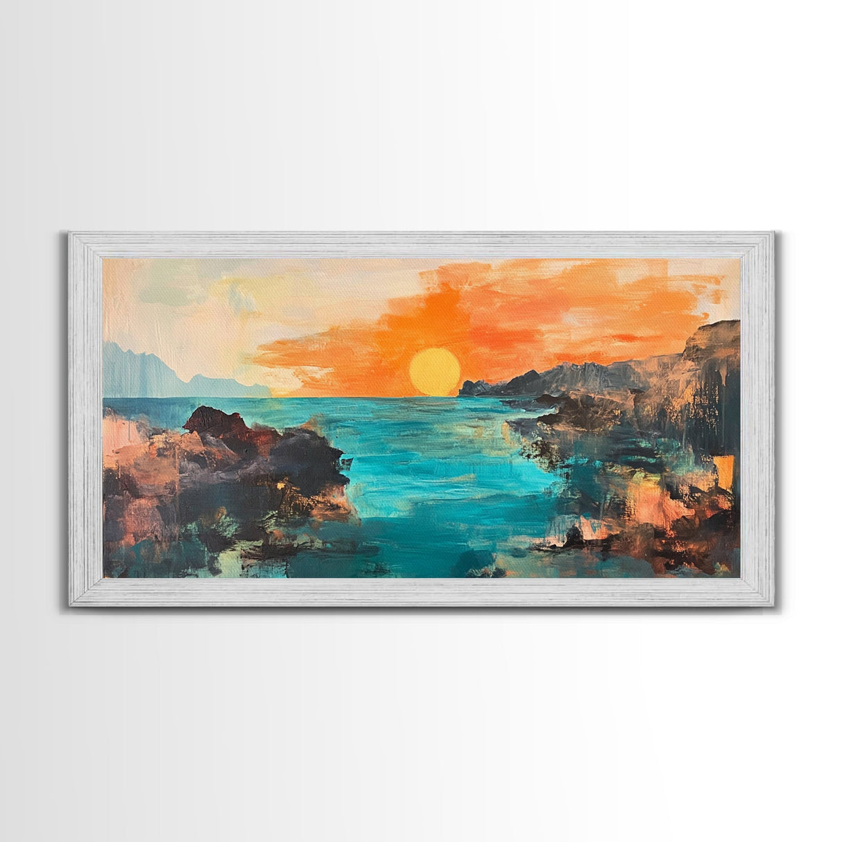 Sunset Seascape, Framed Canvas Print, coastal landscape art, panoramic painting, extra wide painting, above bed art, ocean wall art