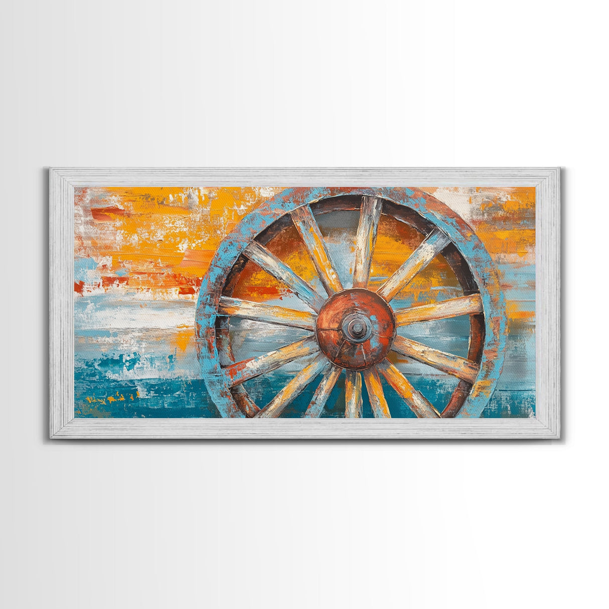 Rustic Wagon Wheel, Canvas Print, western wall art, rustic decor, farmhouse art, extra wide painting, horizontal wall art