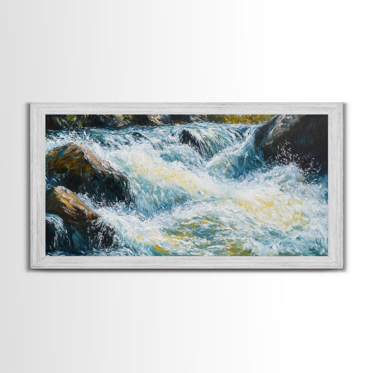 Waterfall, rushing stream, Canvas Print, landscape painting, above couch art, extra wide art, nature art, mountain painting