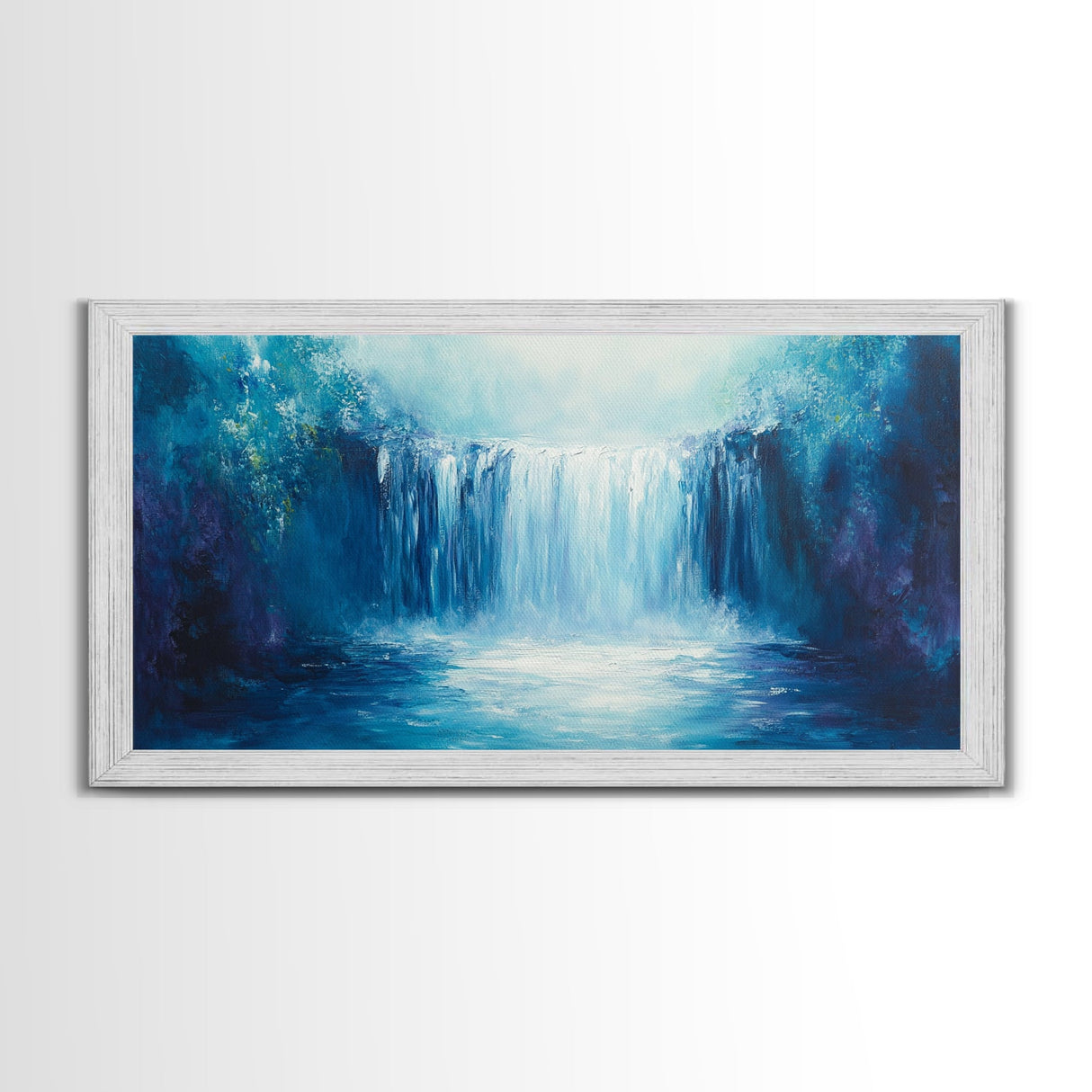 Majestic Waterfall, moody art, blue and green wall art, landscape painting, wabi sabi art, Framed Canvas Print, nature inspired art