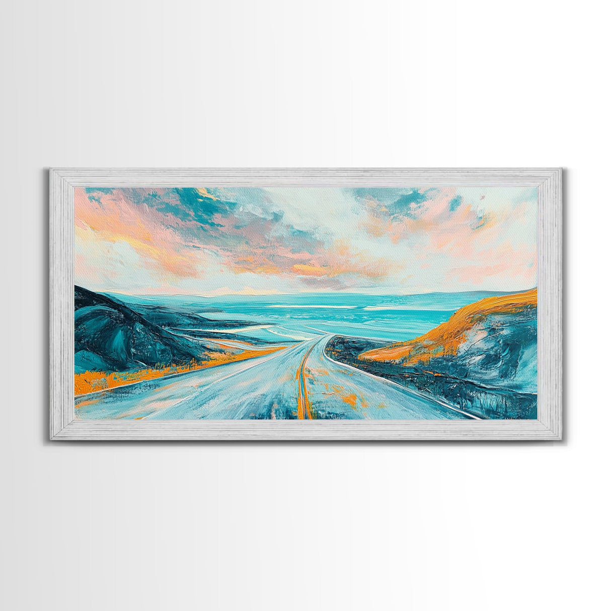 Open Road, Ocean View Highway, Coastal Landscape, Nautical Painting, Lake Tahoe Art, Panoramic Art, Canvas Print, Horizontal Art