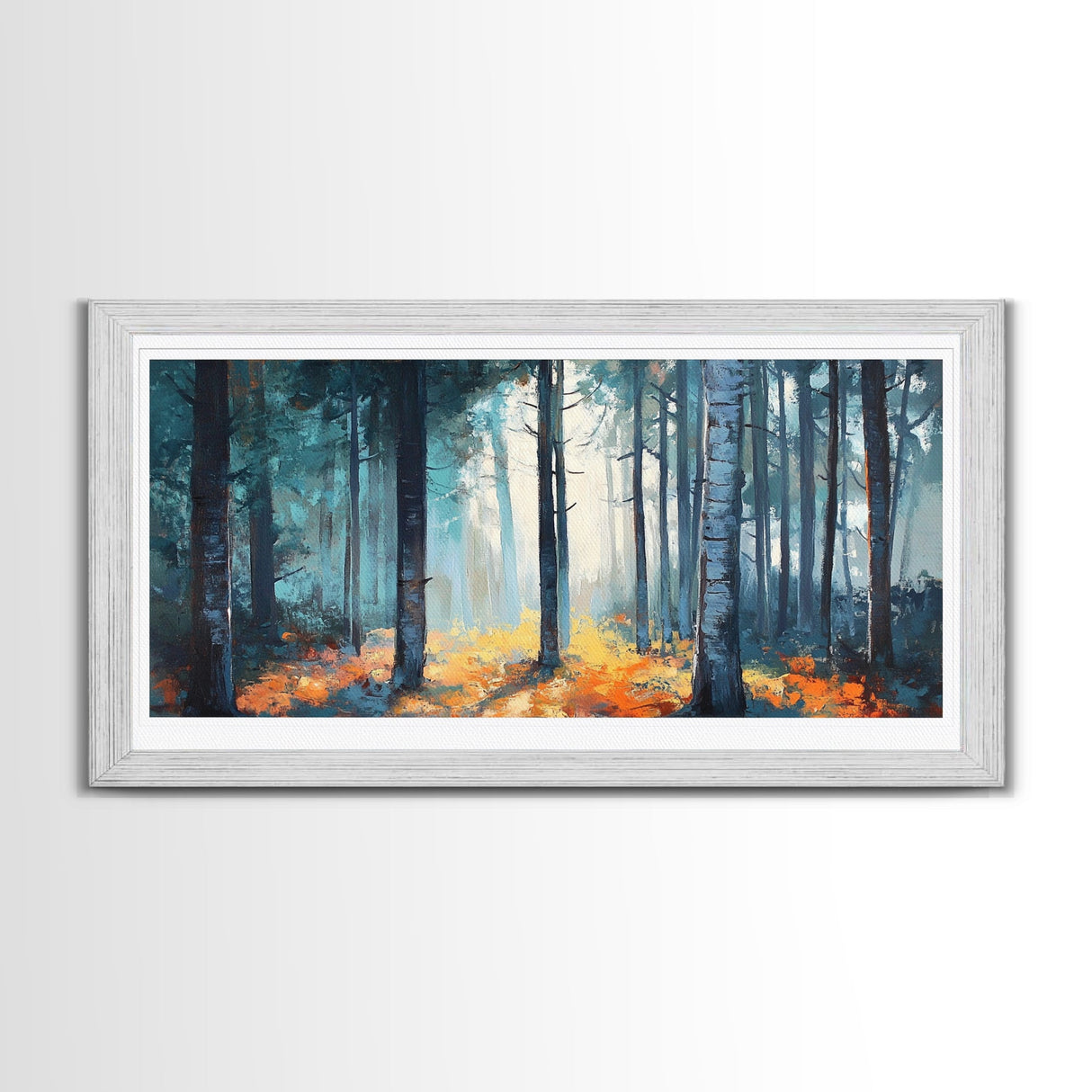 Enchanted Birch Forest, Pine Tree Art, Autumn Landscape, Birch Tree Painting, Rustic Wall Art, Framed Canvas Print, Extra Wide Art
