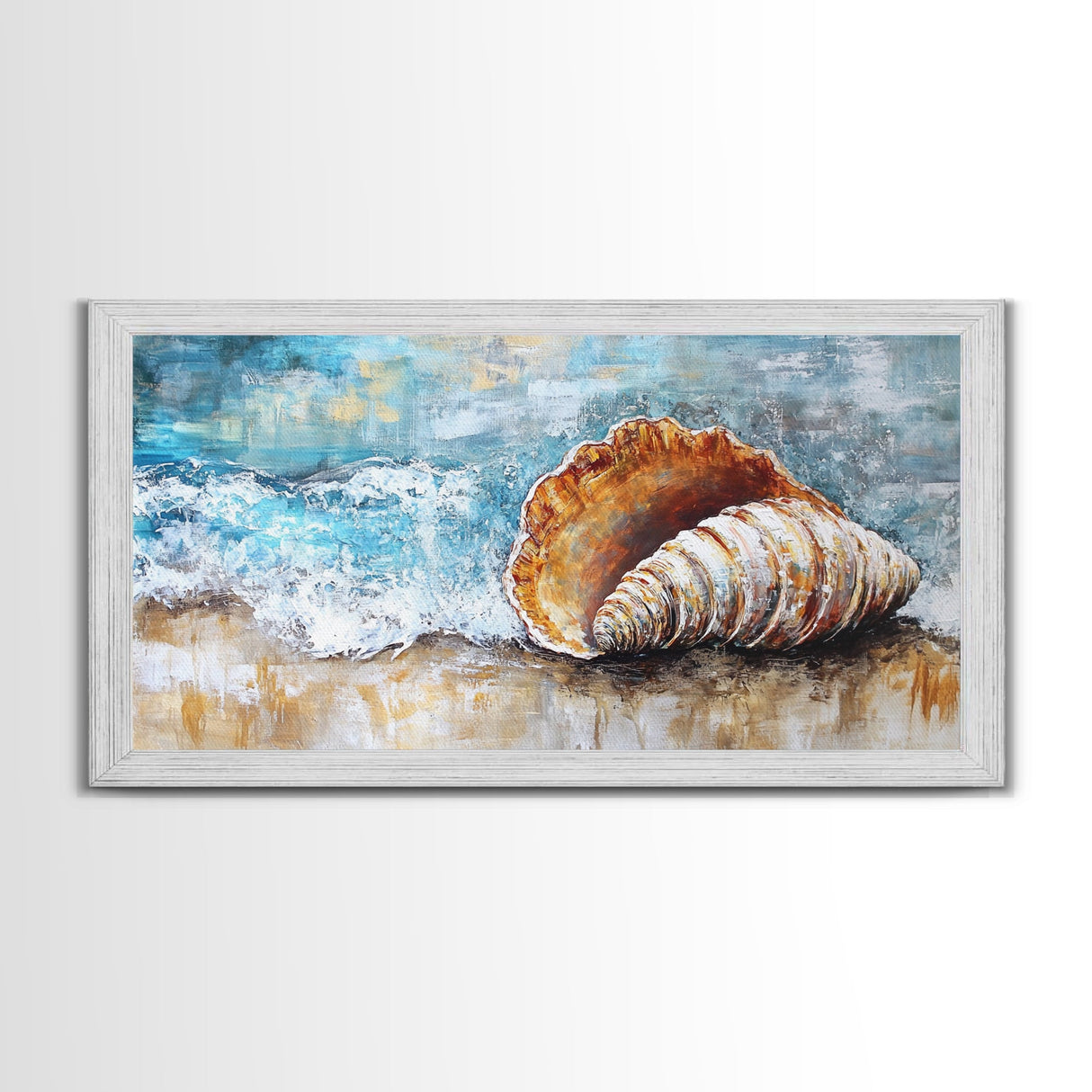 Seashell Art, Coastal Landscape, Nautical Wall Art, Rustic Wall Art, Extra Wide Art, Horizontal Wall Art, Framed Canvas Print, Beach House Decor