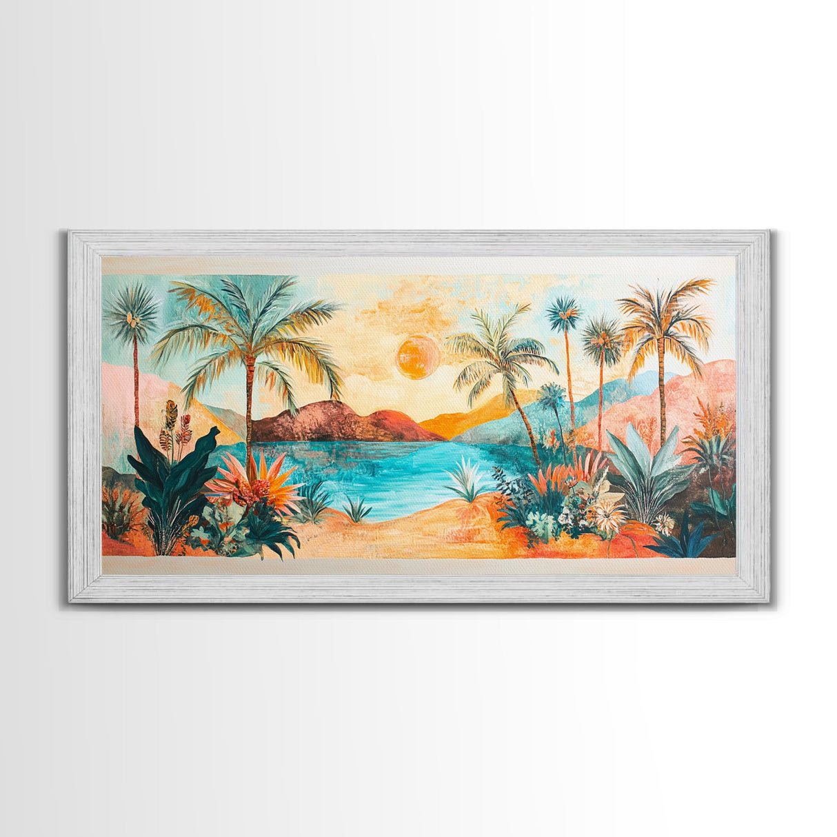 Tropical Sunset Art, Coastal Landscape Art, Boho Wall Art, Palm Tree Painting, Pink Orange Wall Art, Extra Wide Art, Canvas Print