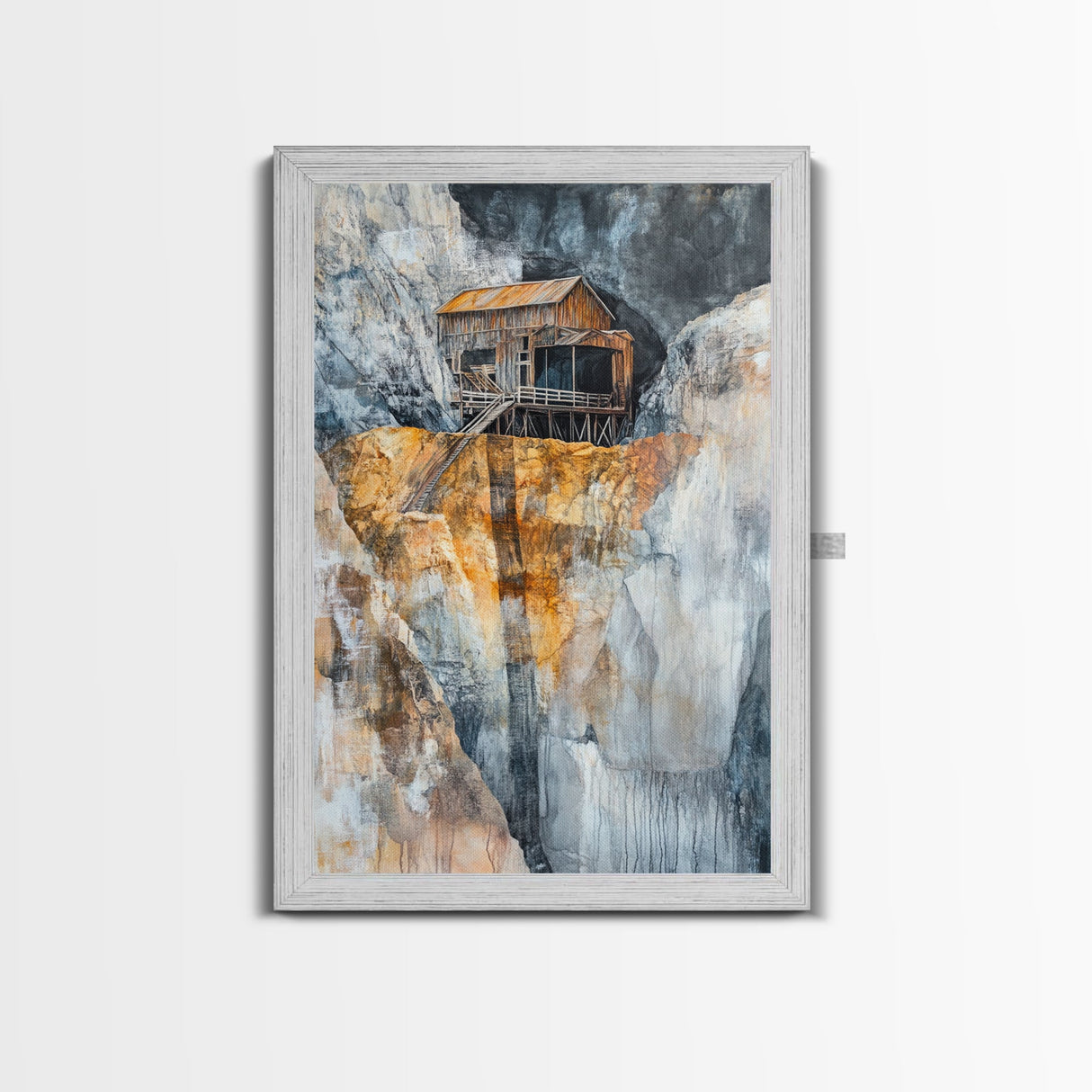 Rustic Cabin on Cliff, barn landscape painting, rustic art, farmhouse art, wabi sabi art, vintage horse art, Framed Canvas Print