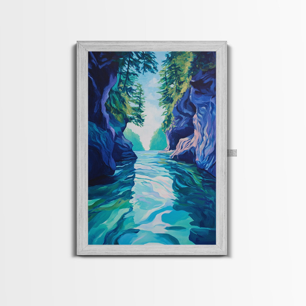 Serene Lake View, mountain painting, lake Tahoe art, blue and green wall art, landscape painting, boho art, Framed Canvas Print