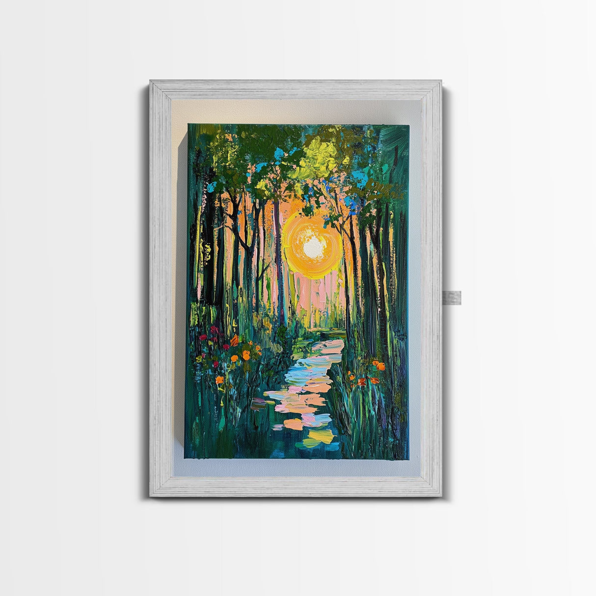 Forest Sunrise Path, wildflower painting, forest at dusk painting, wabi sabi wall art, whimsical art, Canvas Print