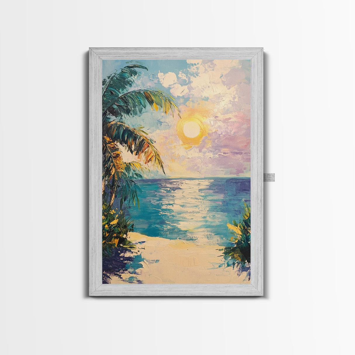 Tropical Beach Sunset, coastal cowgirl wall art, palm tree painting, beach scene, framed canvas print, bedroom art, nautical painting
