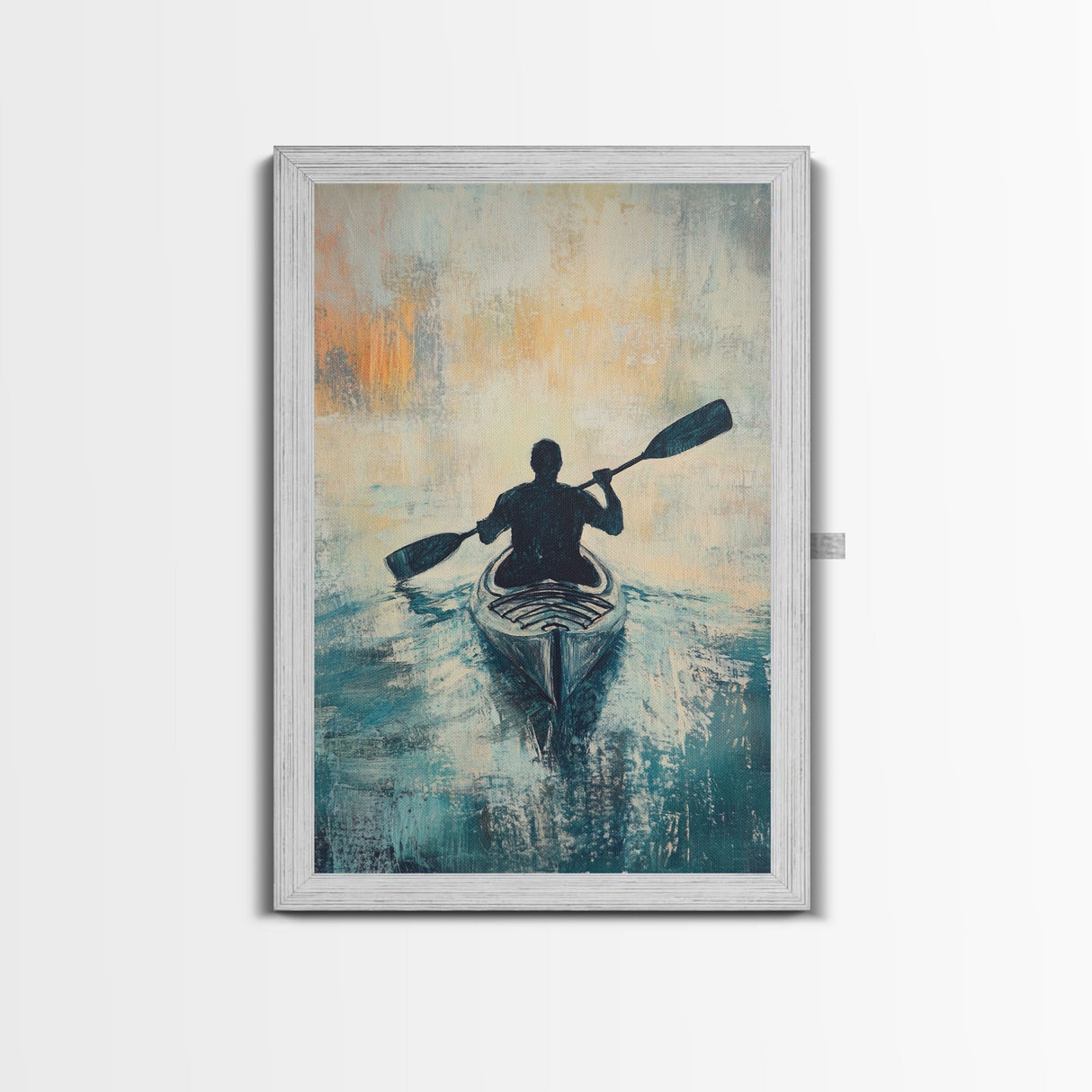 Kayaker at Sunset, Coastal Landscape Art, Nautical Wall Art, Moody Art, Above Sofa Art, Ocean Painting, Framed Canvas Print
