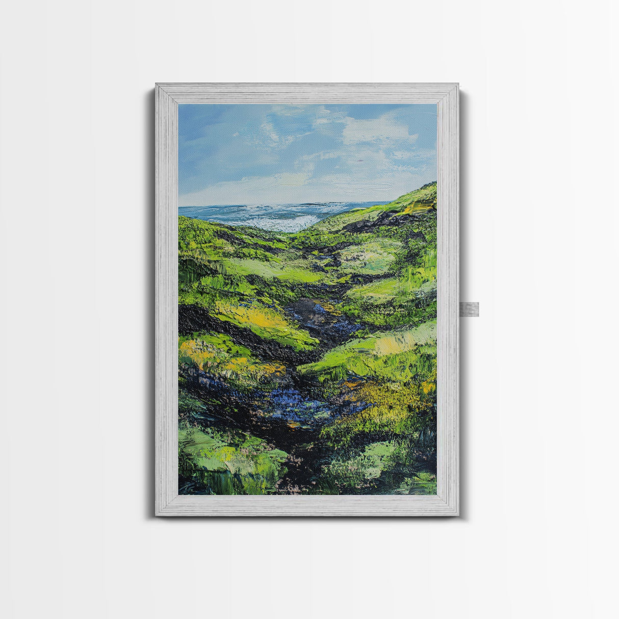 Ireland painting, green wall art, coastal landscape art, wabi sabi art, farmhouse art, Framed Canvas Print, landscape painting