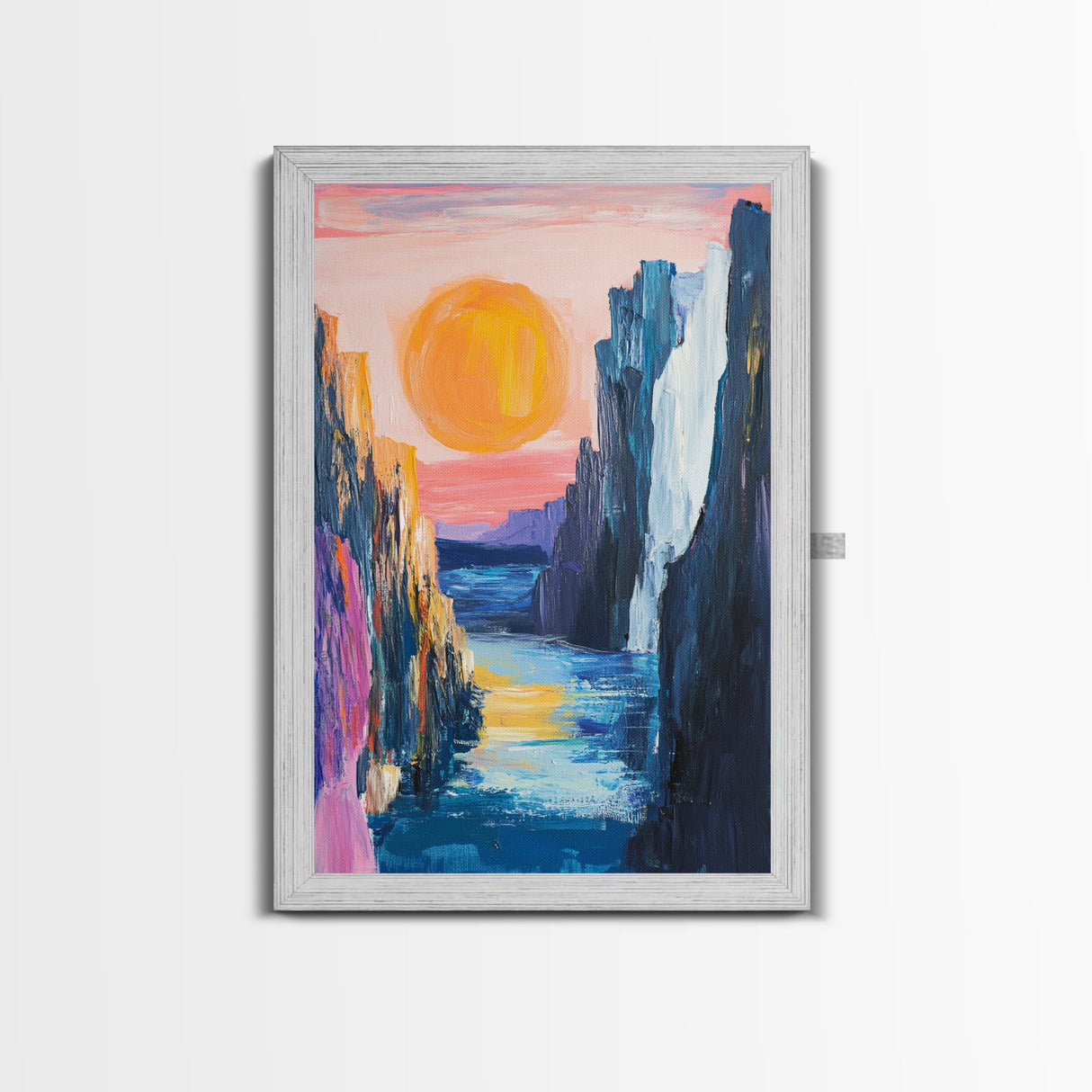 pink orange wall art, sunset painting, abstract landscape painting, blue and green wall art, Framed Canvas Print, boho art, modern decor