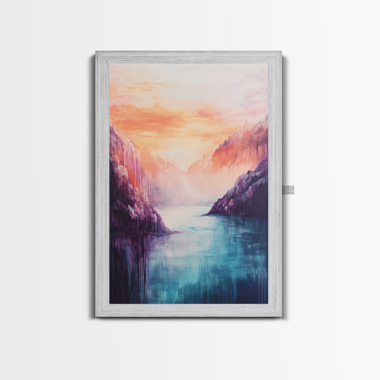 coastal decor, mountain painting, pink orange wall art, sunrise painting, landscape painting, Framed Canvas Print, abstract wall art