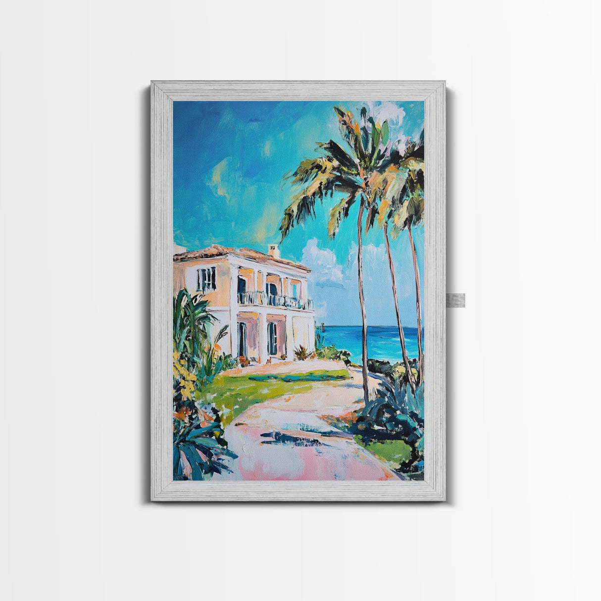Palm Tree Art, Tropical House Painting, Coastal Landscape Art, Framed Canvas Print, Nautical Painting, Coastal Decor, Boho Art